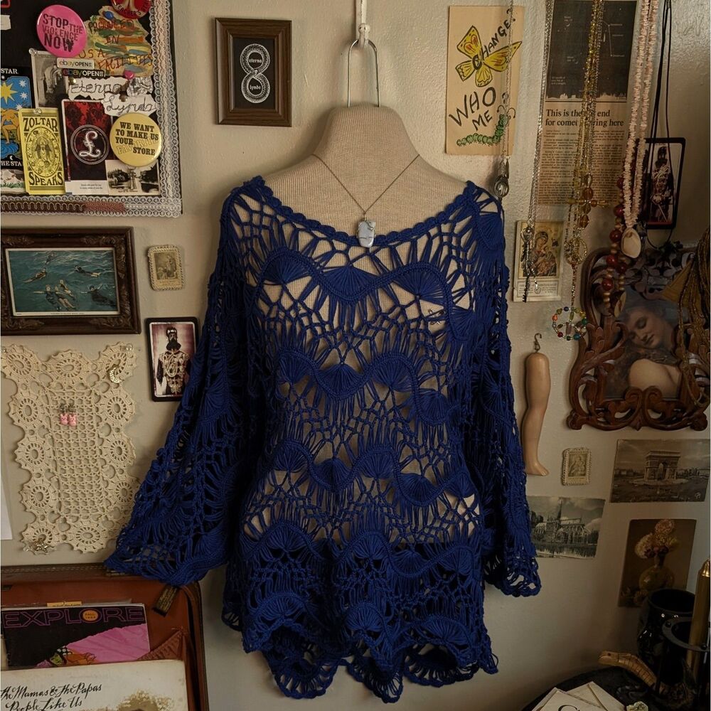 Crochet Open Knit Sweater Blouse Women's XL Bright Blue